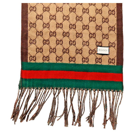 Gucci Brown & Tan GG Print w/ Green & Red Stripes Reversible Scarf Pre-owned - Picture 16 of 16